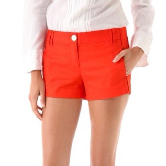Tory Burch Chino Mid-Rise Dark Shorts in Orange Habanero Pepper sz 4 - Picture 1 of 7